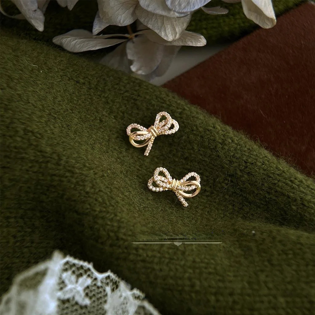 Sweet Mini Bow Zircon Copper Stud Earrings Double Layer Knot Fashion Tiny Jewelry