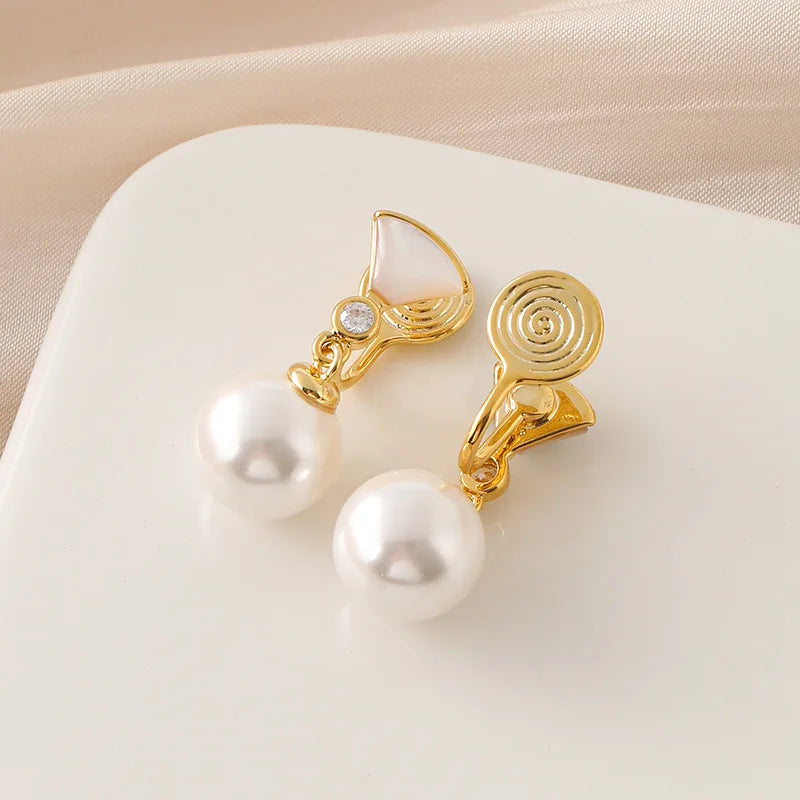 Elegant Gold Tone Shell Fan Pearl Drop Alloy Rhinestone Stud & Clip On No Piercing Earrings