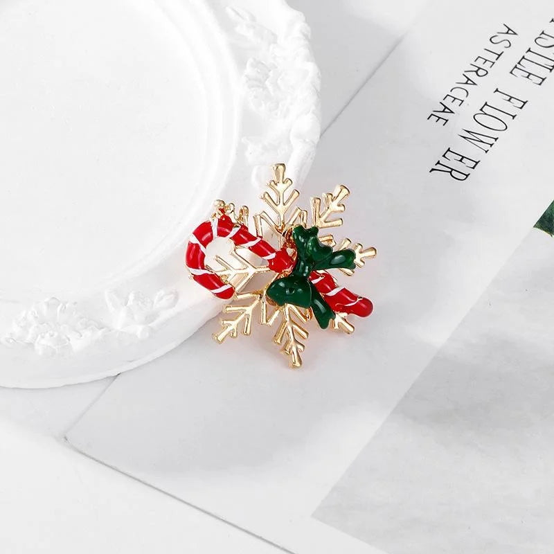 Cute Christmas Candy Cane Snowflake Bow Enamel Alloy Brooch, Festive Lapel Pin Corsage Gift