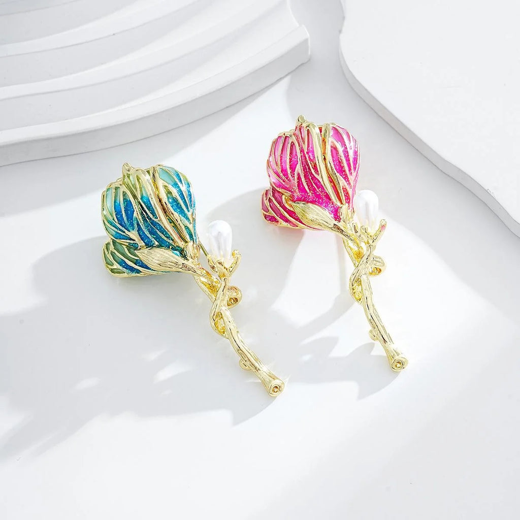 Elegant Pink Enamel Hibiscus Flower Brooch With Gold Alloy Stem And Pearl Bud, Luxury Lapel Pin Gift