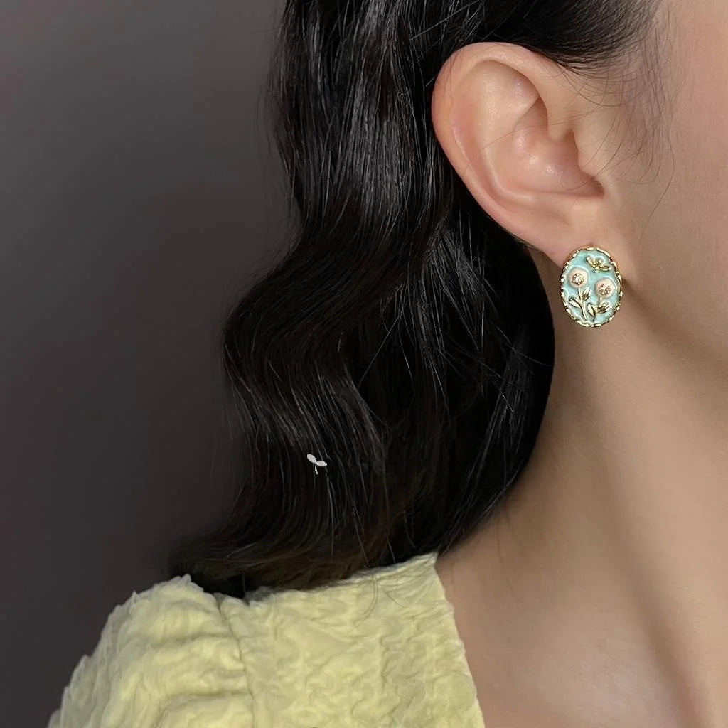 Forest Style Enamel Glaze Flower Stud Earrings Silver Plated Copper Alloy French Elegant Jewelry