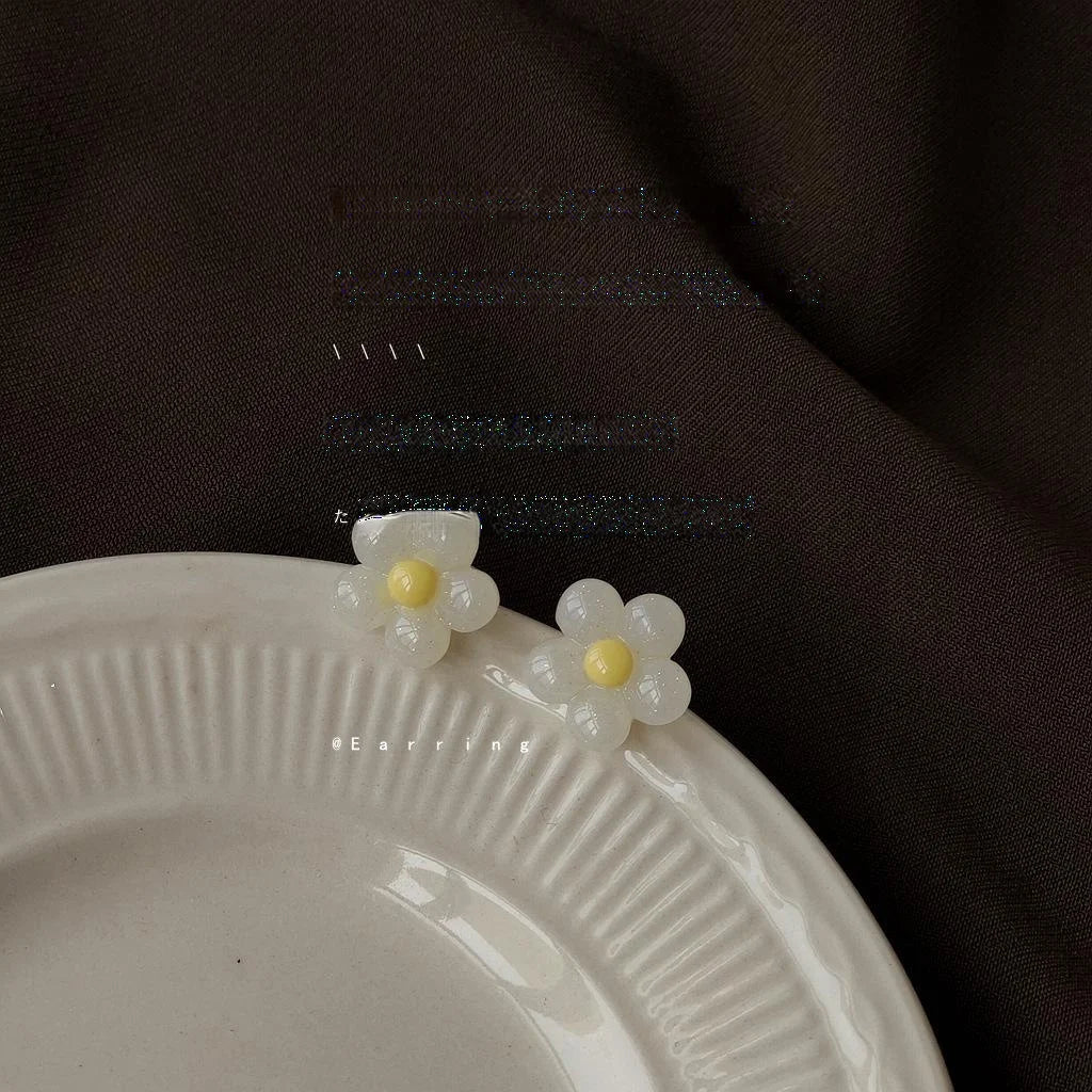 Fresh Style White Resin Rose Flower Stud Earrings With Silver Plated Pins For Women