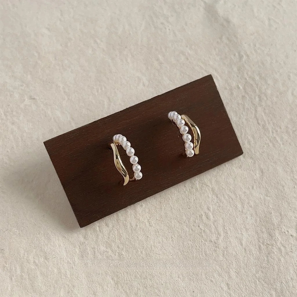 14K Gold Plated Geometric Round Pearl Stud Earrings, Elegant Style