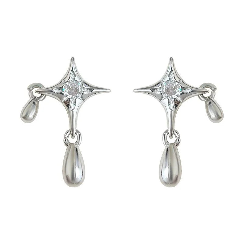 Silver Tone Copper Star Teardrop Stud Earrings Niche Designer Geometric Minimalist Jewelry