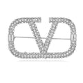 Luxury V Letter Rhinestone Alloy Brooch, Elegant Silver Lapel Pin Corsage For Suit Coat Accessory Gift