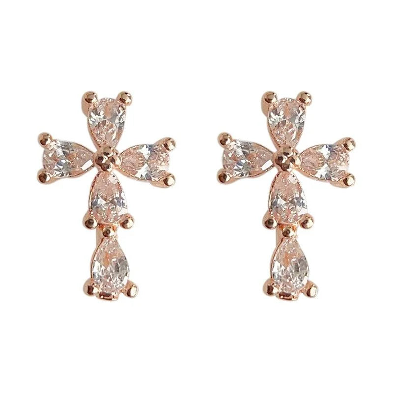 Copper Micro Pave Zircon Mini Cross Stud Earrings Minimalist Geometric Jewelry