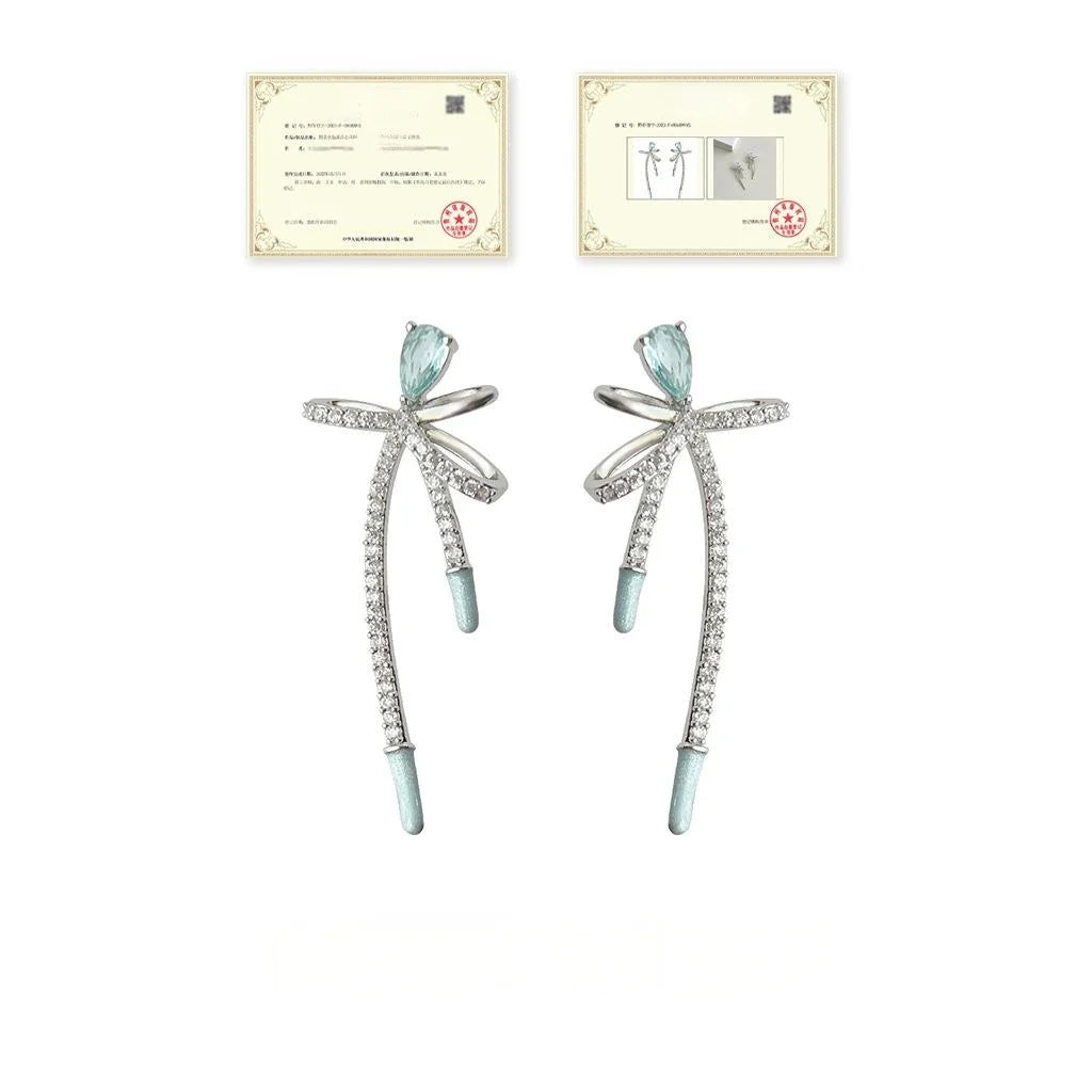 Original Design Sea Blue Zircon Micro Pave Bowknot Copper Long Drop Earrings Sweet Elegant Jewelry