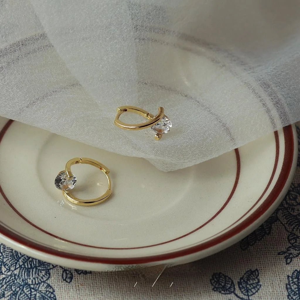 14K Gold Plated Zircon Round Geometric Stud Earrings Minimalist Korean Japanese Style