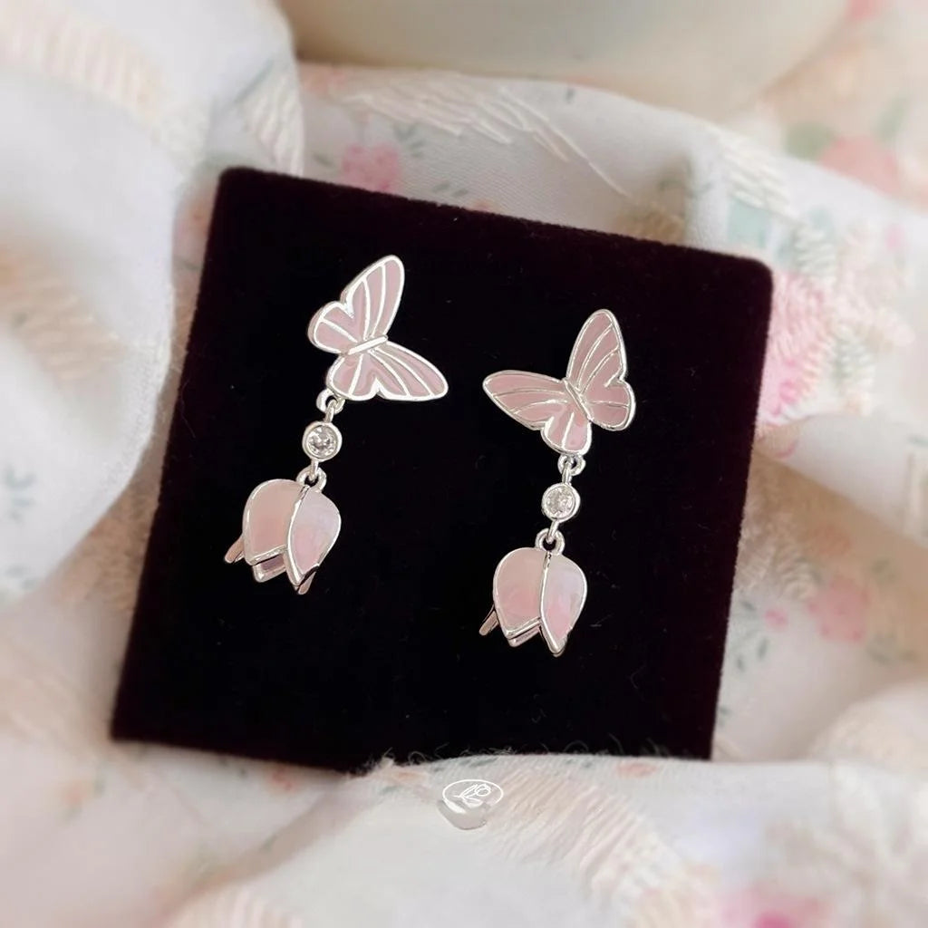 Sweet Pink Enamel Butterfly Flower Drop Earrings Eco Copper Silver Plated Pin Jewelry