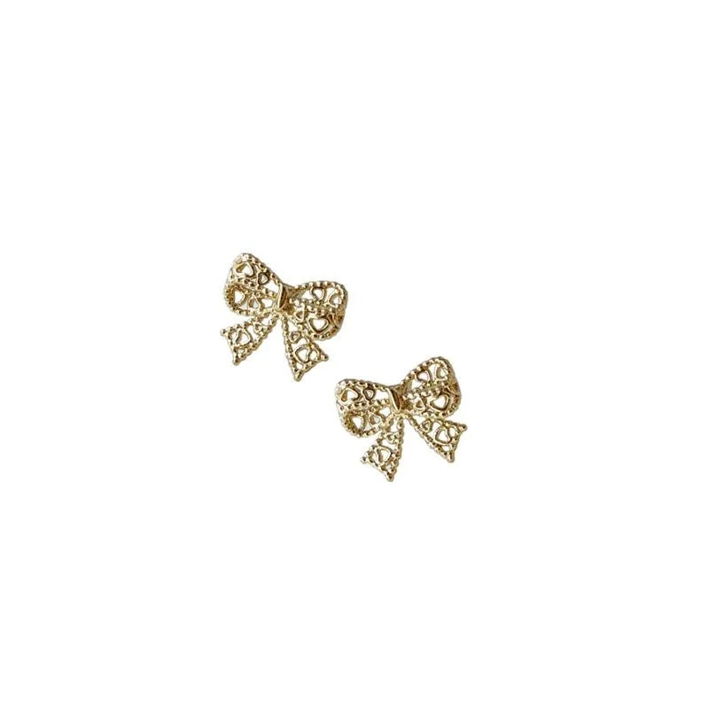 14K Gold Plated Copper Mini Hollow Bow Stud Earrings For Women