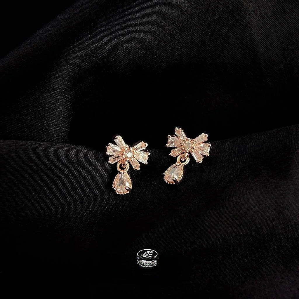 Rose Gold Plated Copper Bow Teardrop Drop Earrings With Micro Pave Zircon Light Luxury