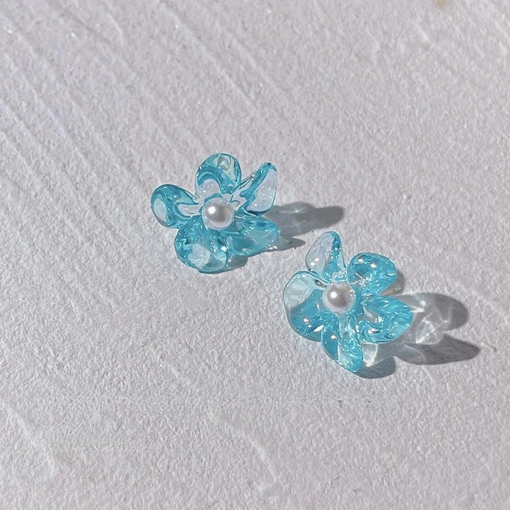Fairy Style Translucent Blue Acrylic Flower Pearl Stud Earrings Irregular Floral Design