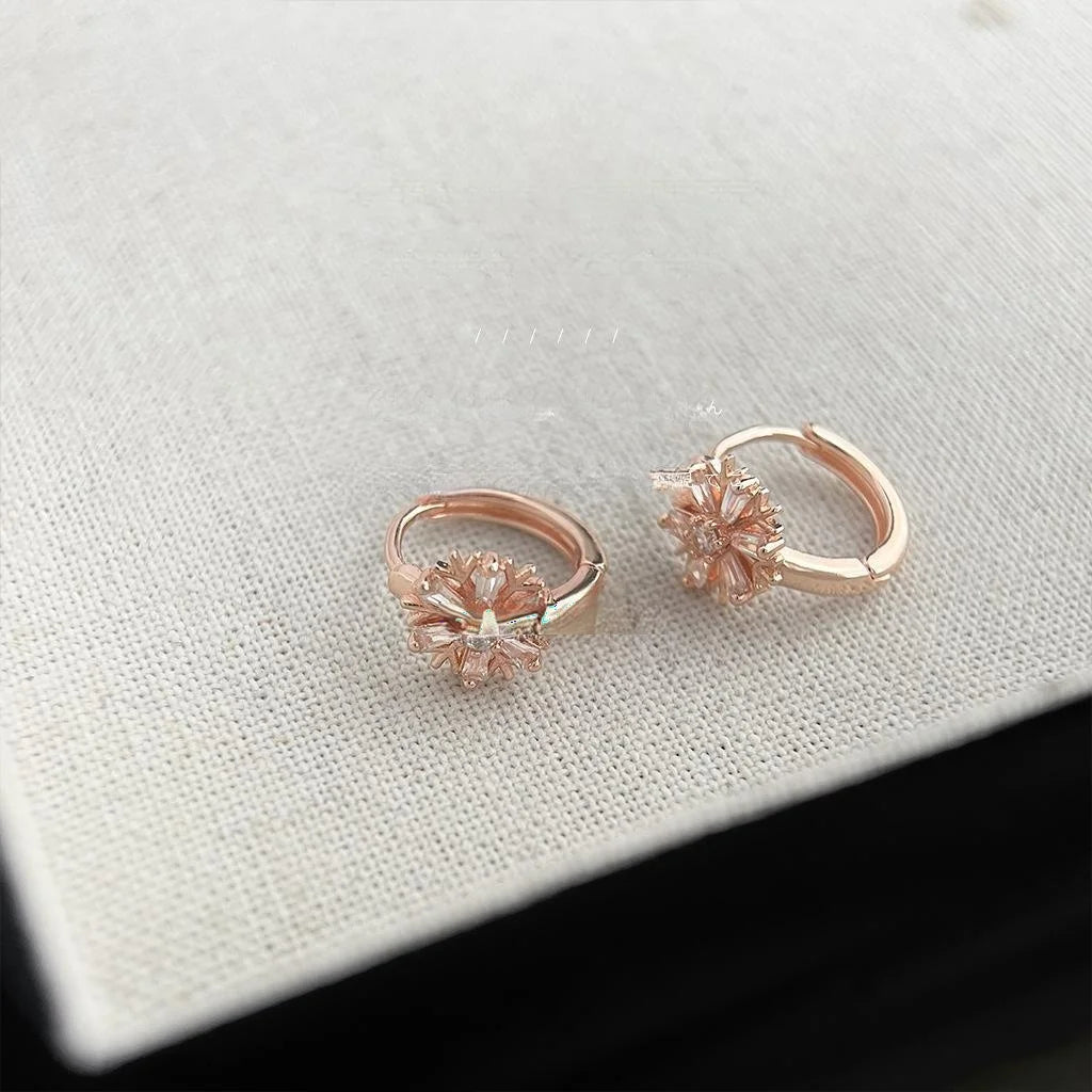 Rose Gold Plated Copper Snowflake Stud Earrings With Micro Pave Zircon Minimalist Style