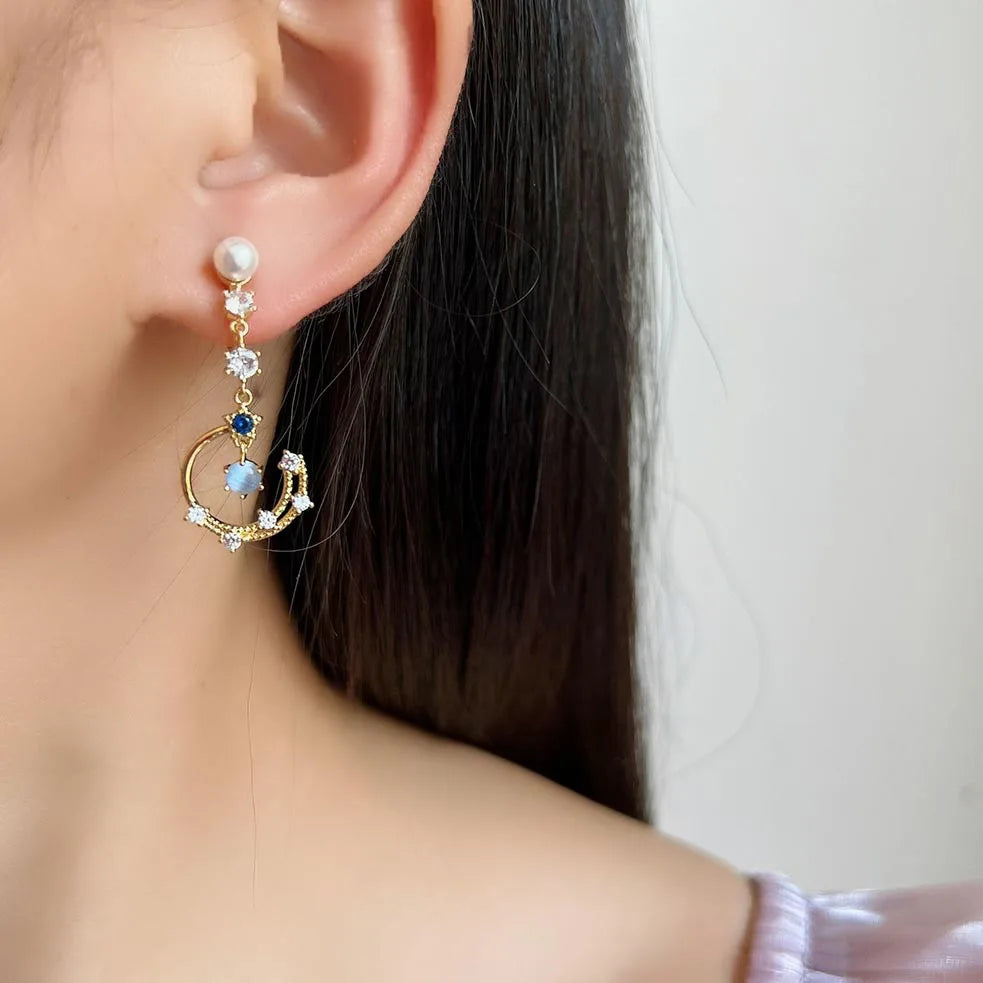 Elegant Asymmetric Crescent Moon Cat Eye Pearl Rhinestone Tassel Stud & Clip On No Piercing Earrings