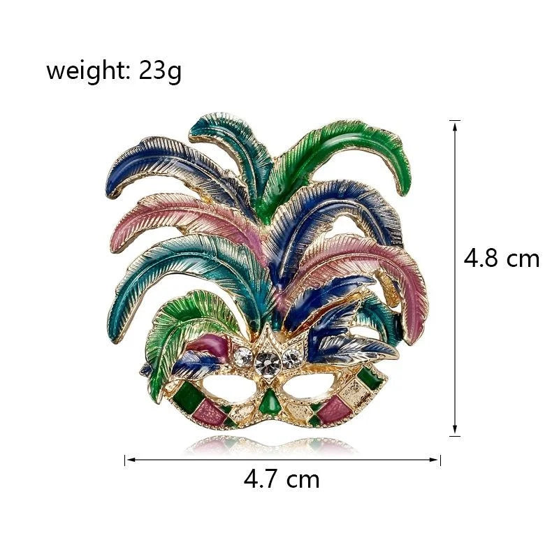 Elegant Colorful Enamel Feather Masquerade Mask Brooch With Rhinestones, Luxury Lapel Pin Suit Accessory