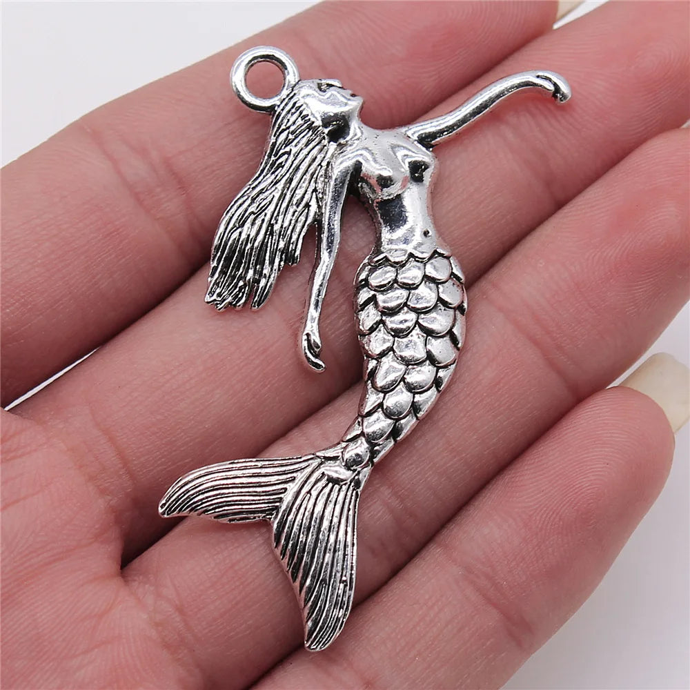 50x57mm 7g Antique Silver Zinc Alloy Mermaid Charm Pendant for DIY Ocean Necklace Jewelry Making