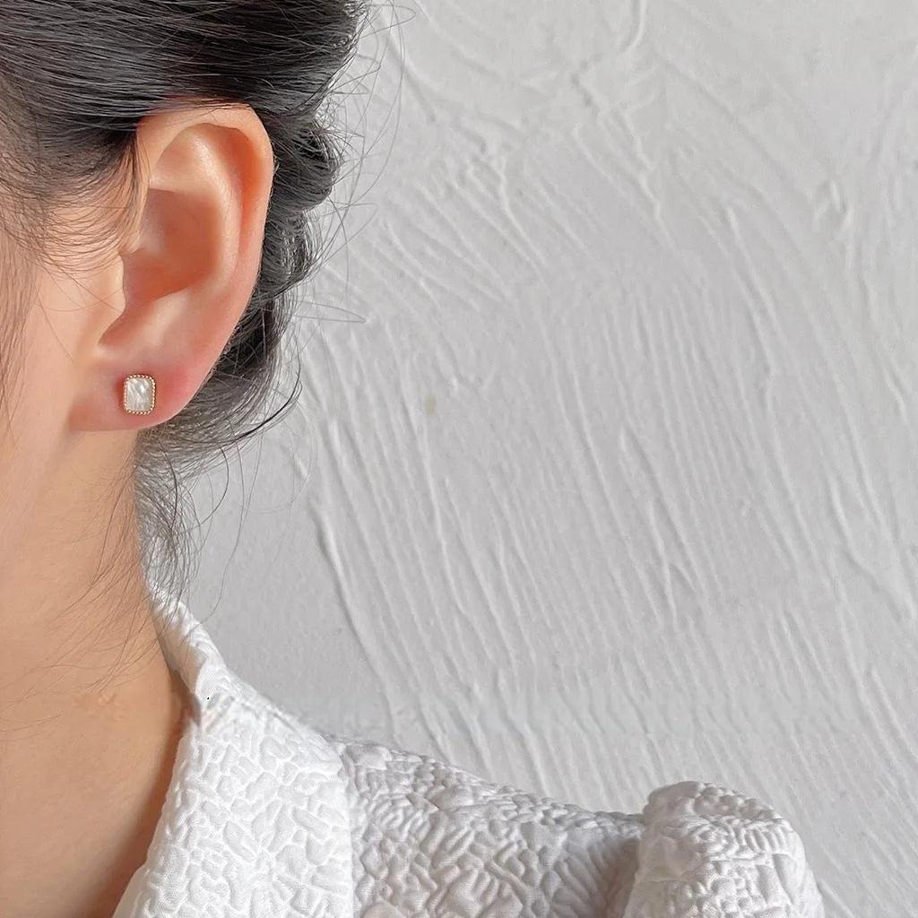 Minimalist Geometric Acetate Square Copper Stud Earrings, French Everyday Mini Jewelry