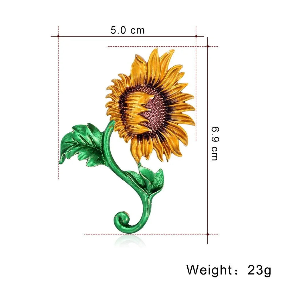 Elegant Enamel Alloy Sunflower Flower Brooch With Green Stem, Floral Lapel Pin Corsage Gift