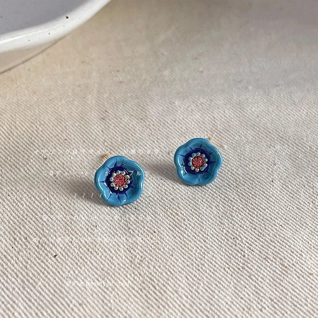 14K Gold Plated Blue Enamel Flower Stud Earrings Forest Style Metal Jewelry