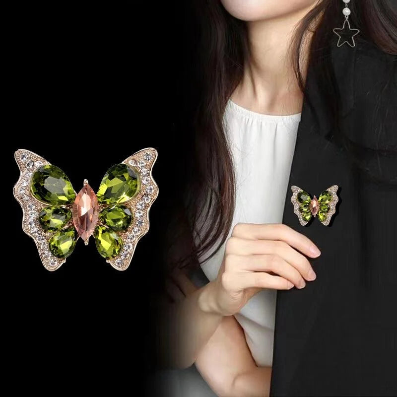 Luxury Glass Butterfly Brooch With Green Rhinestone Wings, Elegant Alloy Lapel Pin Corsage For Women Suit Gift