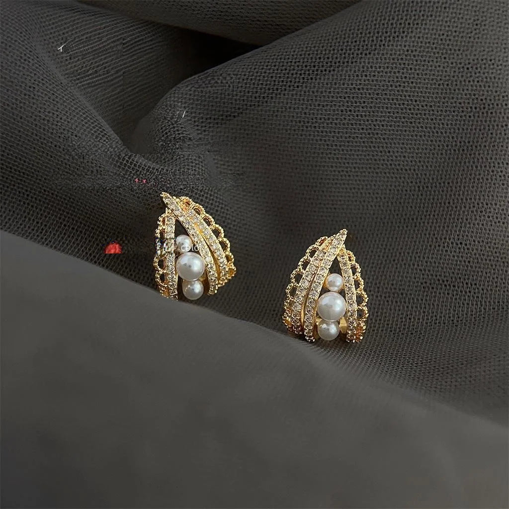 14K Gold Plated Micro Pave Zircon Pearl Drop Earrings French Elegant Hollow Lace Geometric Design