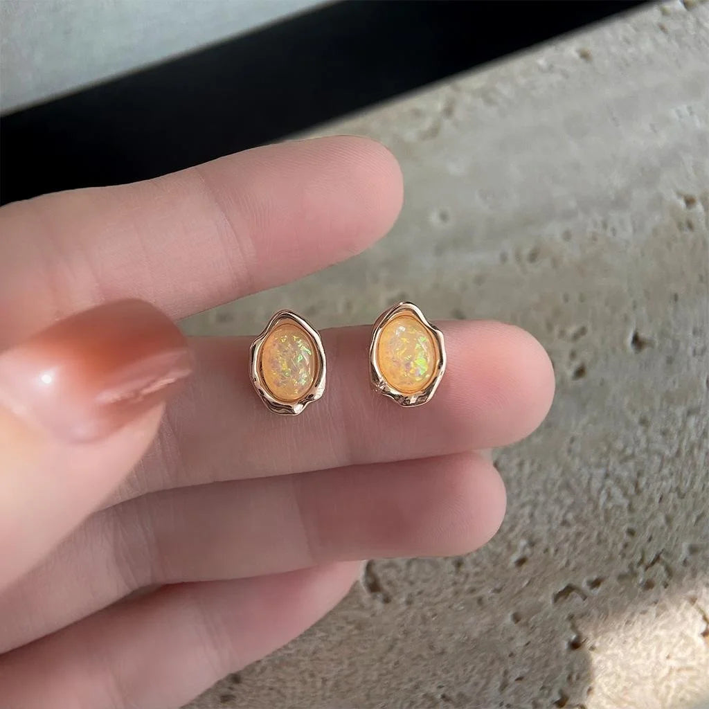 French Vintage Irregular Synthetic Opal Mini Stud Earrings Copper