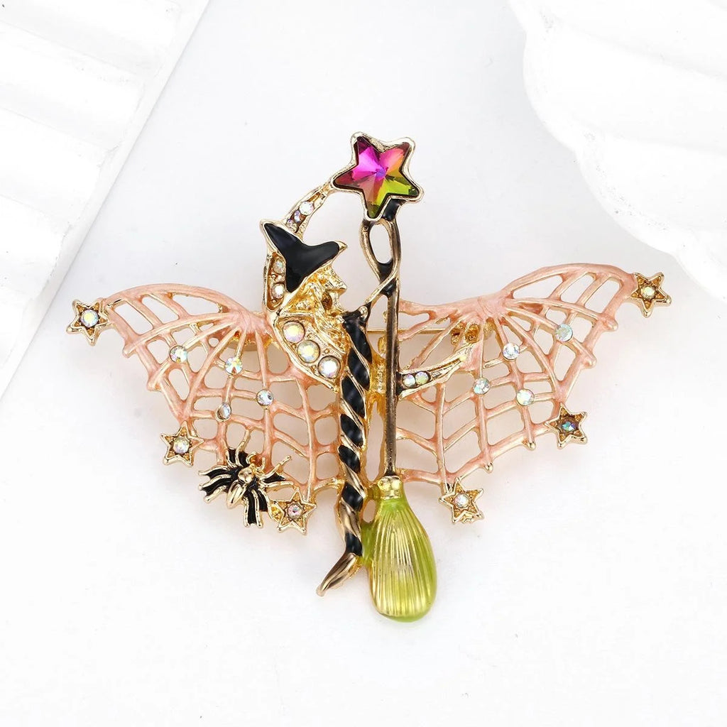 Cute Halloween Witch Bat Brooch With Enamel Wings And Rhinestones, Alloy Lapel Pin Corsage Gift