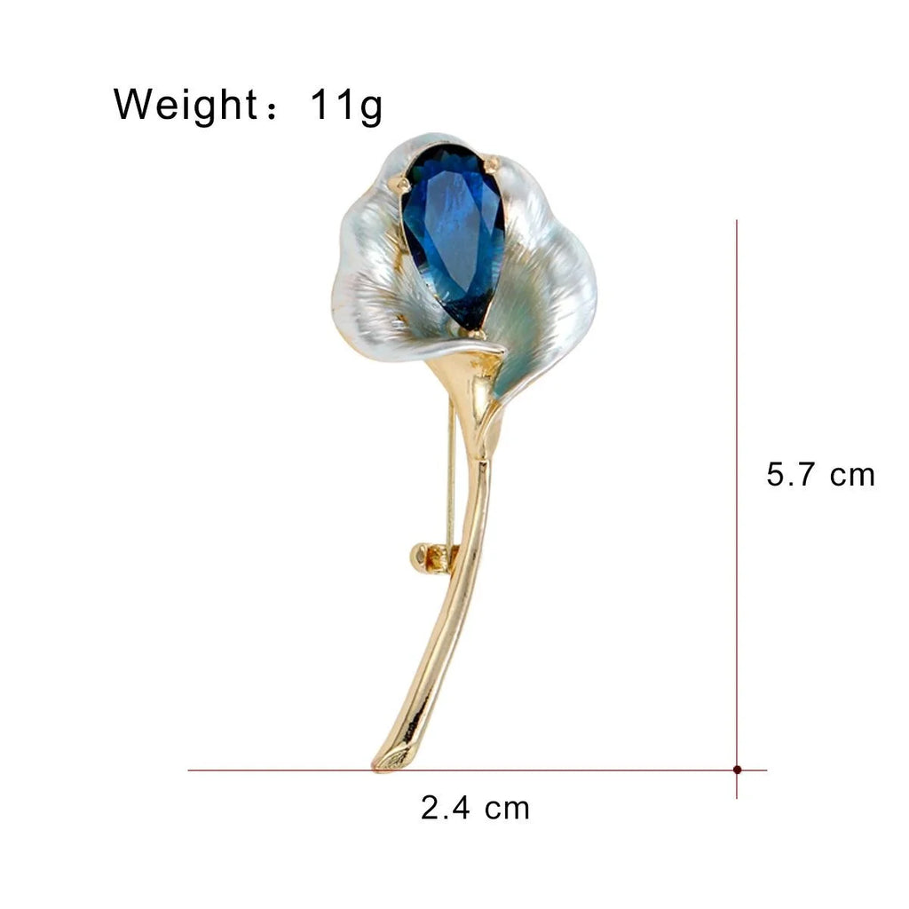 Elegant Calla Lily Flower Brooch With Blue Zircon Mother Of Pearl Petals, Luxury Lapel Pin Suit Corsage Gift
