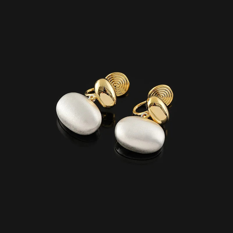 Elegant Gold Silver Two Tone Alloy Oval Bean Metal Ball Spiral Stud & Clip On No Piercing Dangle Drop Earrings