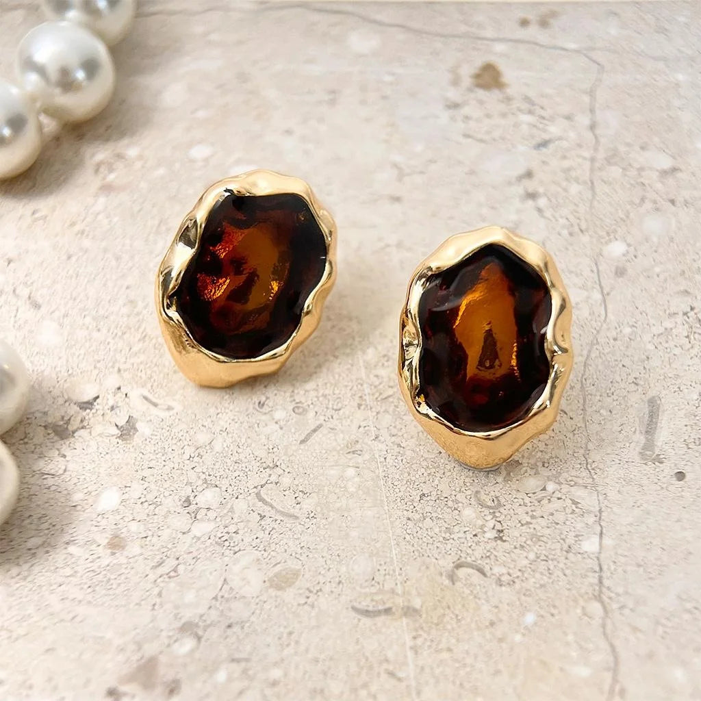 14K Gold Plated Copper Irregular Geometric Amber Enamel Stud Earrings French Vintage Maillard Style