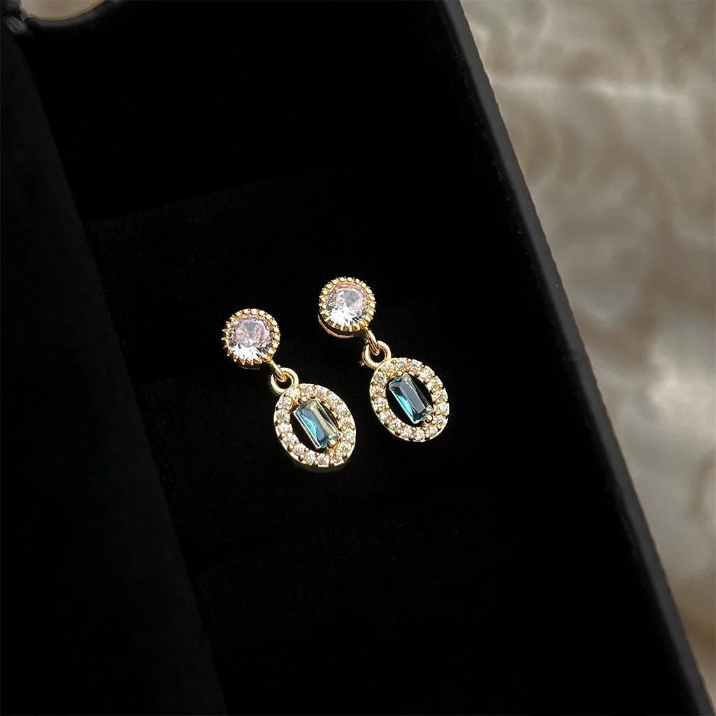 Elegant Aqua Blue Zircon Geometric Mini Copper Stud Earrings For Daily Wear