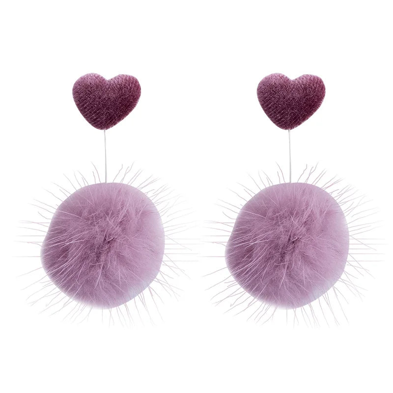 Pink Mink Fur Pom Pom Drop Stud & Clip On No Piercing Alloy Ball Dangle Winter Earrings