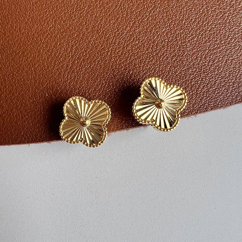 Vintage French Laser Clover Alloy Stud & Clip On No Piercing Commuter Spiral Back Gift Earrings