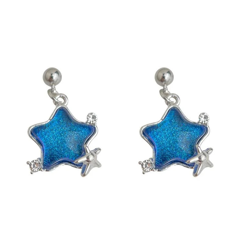 Fresh Sweet Blue Star Drop Earrings Copper Silver Plated Pin Niche Designer Jewelry For Women