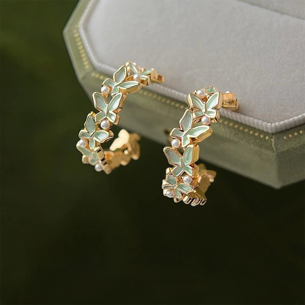 Chic Butterfly Enamel Drip Glaze Pearl Copper Drop Earrings