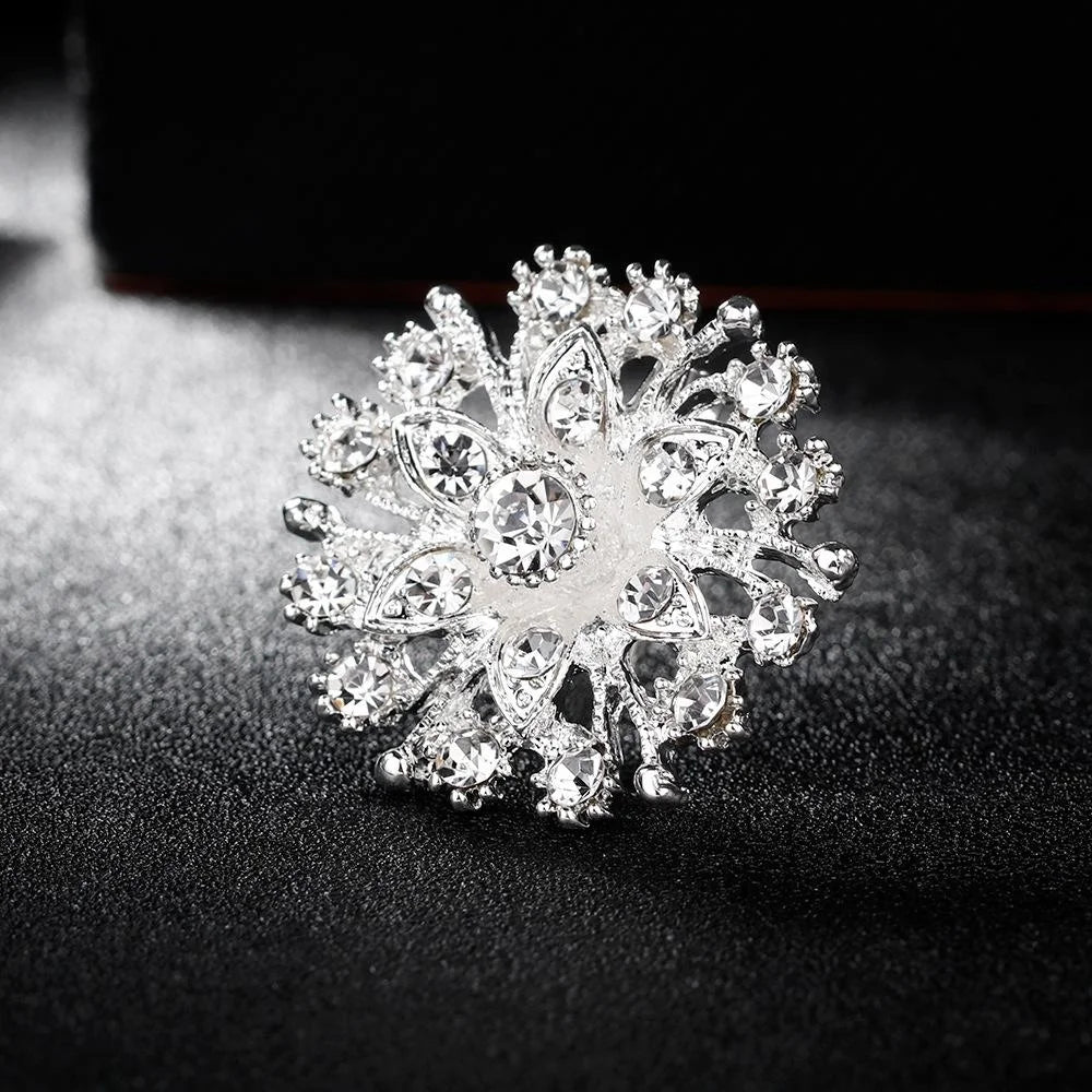 Elegant Silver Rhinestone Crystal Flower Brooch, Small Alloy Lapel Pin Corsage For Women Suit Accessory