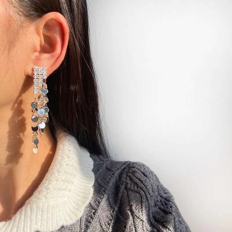 Elegant Luxury Silver Alloy Rhinestone Sequin Long Tassel Stud & Clip On No Piercing Dangle Earrings