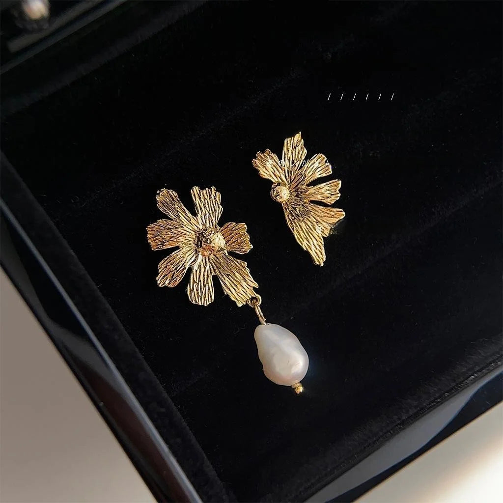 Vintage Baroque Freshwater Pearl Drop Earrings Copper Asymmetric Floral Geometric Jewelry