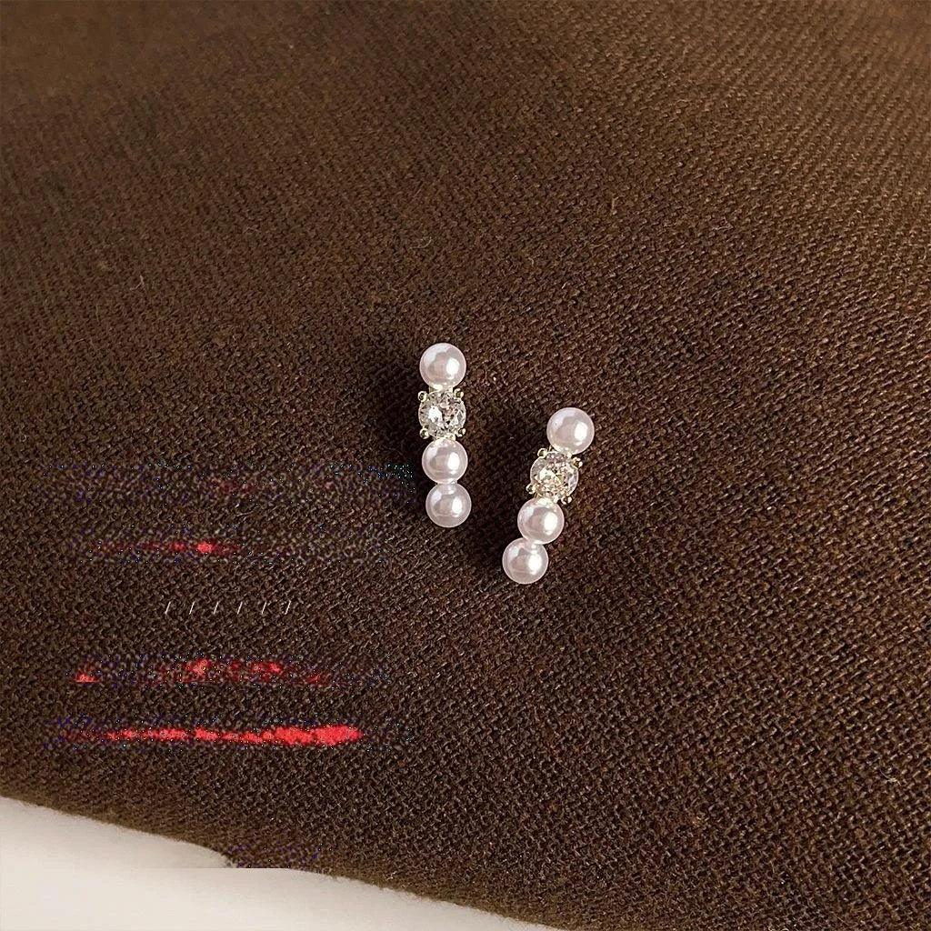 Minimalist French Pearl Bar Stud Earrings Copper Micro Pave Zircon Geometric Jewelry