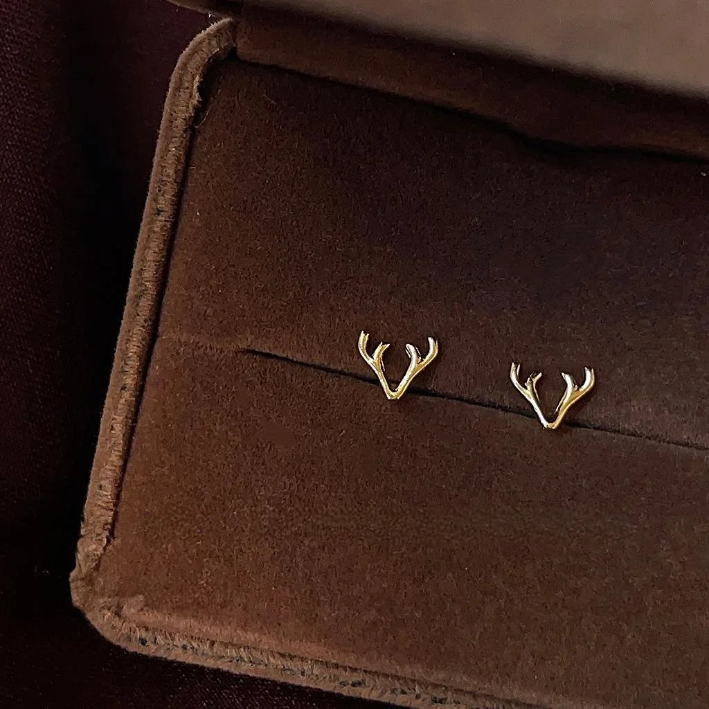 Minimalist Copper Mini Deer Antler Stud Earrings, Silver Plated French Vintage Geometric Jewelry