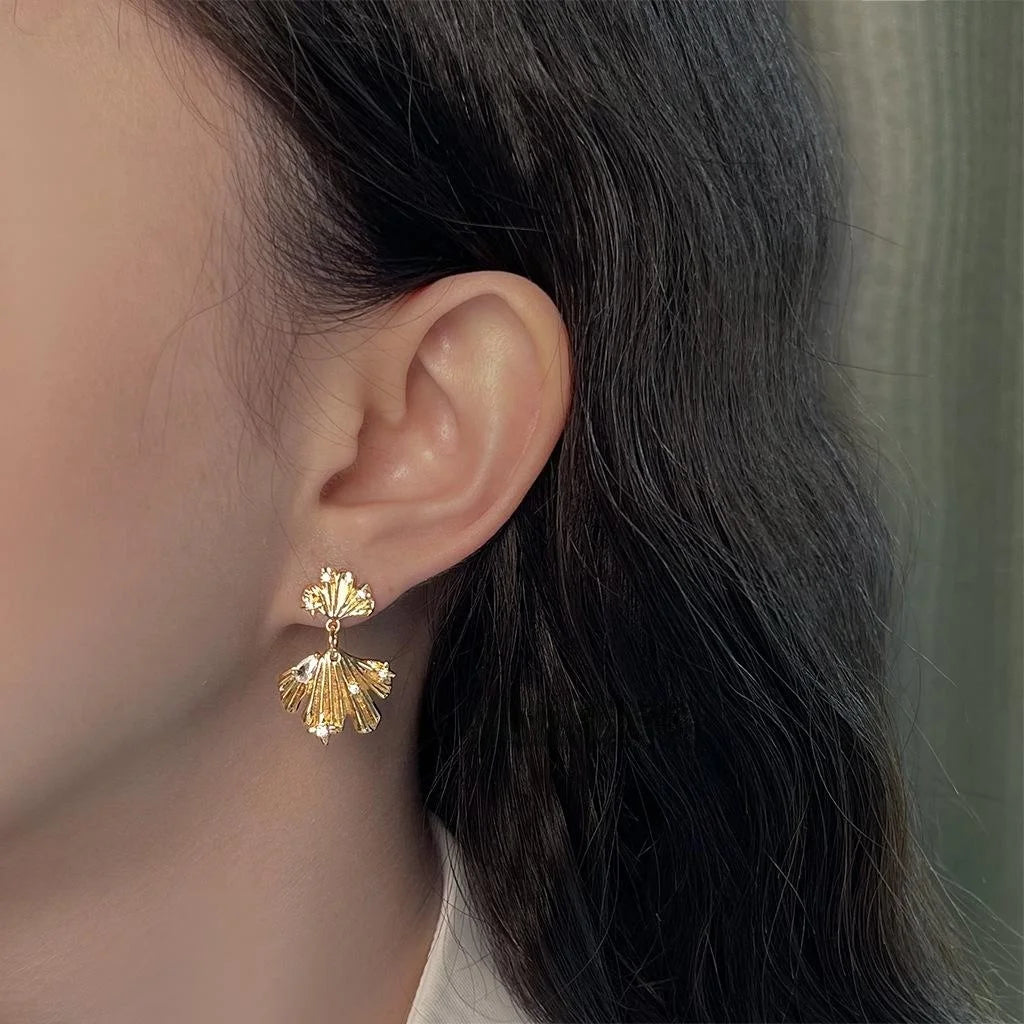 14K Silver Plated Copper Ginkgo Leaf Drop Earrings With Micro Pave Zircon Vintage Floral Jewelry