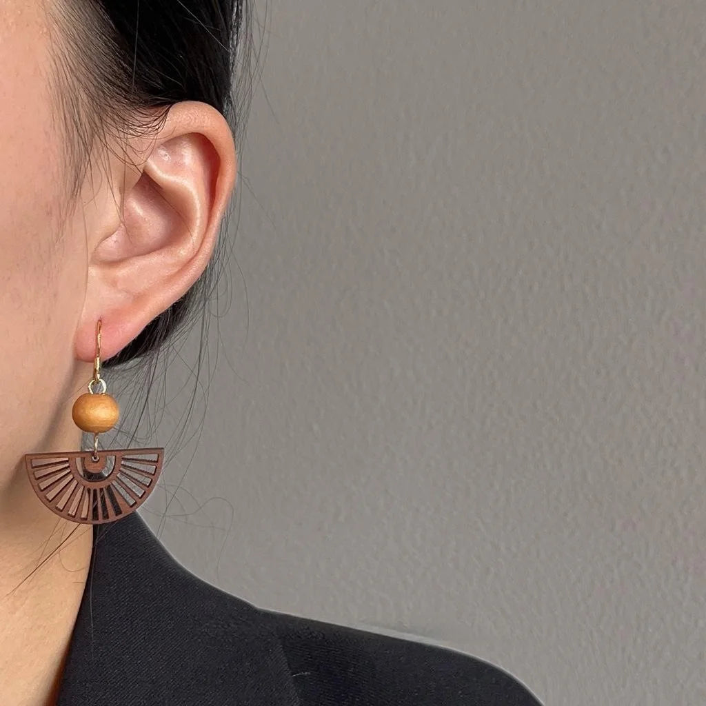Vintage New Chinese Style Handmade Fan Shaped Copper Drop Earrings With Silver Plated Pins