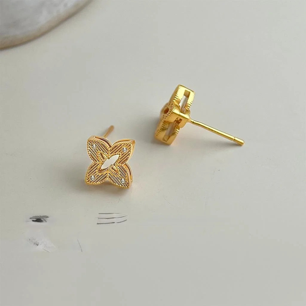 Copper Zircon Hollow Flower Geometric Stud Earrings Minimalist Light Luxury