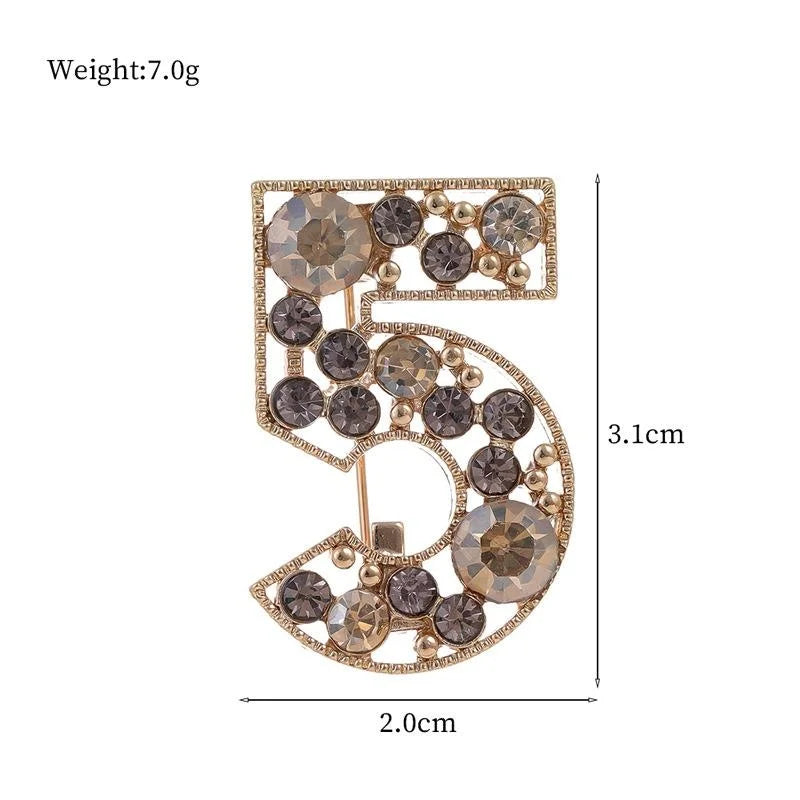 Elegant Number 5 Rhinestone Alloy Brooch Vintage Gold Tone Lapel Pin For Women's Suit Accessory Gift