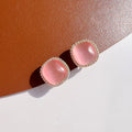 Elegant Pink Cat Eye Square Zircon Halo Stud & Clip On No Piercing Women's Fashion Earrings