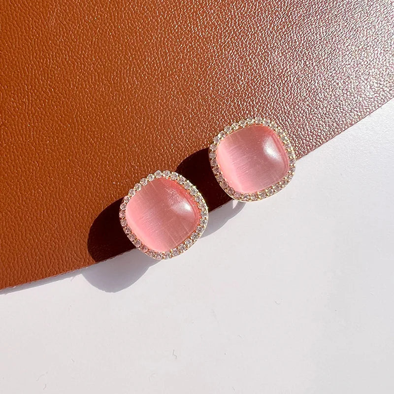 Elegant Pink Cat Eye Square Zircon Halo Stud & Clip On No Piercing Women's Fashion Earrings