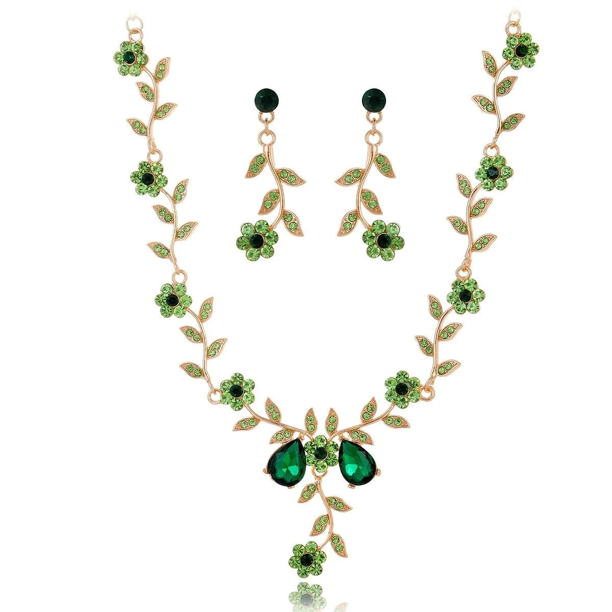 Elegant Green Rhinestone Flower Vine Necklace And Earrings Jewelry Set, Alloy Bridal Jewelry For Wedding Party Gift