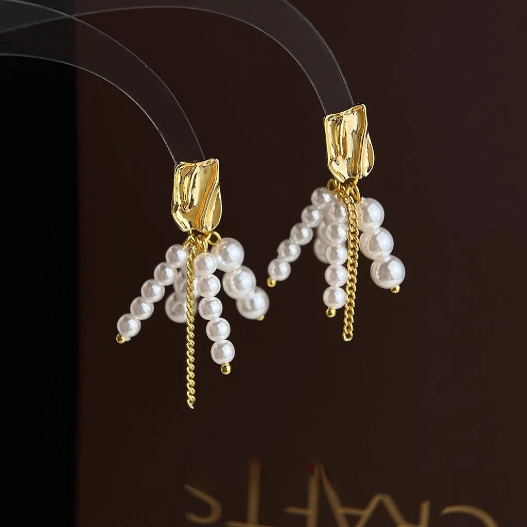 French Vintage 14K Plated High Shine Pearl Tassel Drop Earrings Handmade Geometric Design for Women