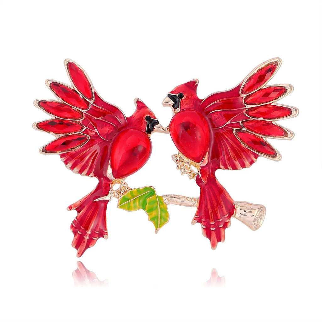 Elegant Red Enamel Double Bird Rhinestone Brooch, Copper Animal Lapel Pin Corsage Suit Accessory Gift