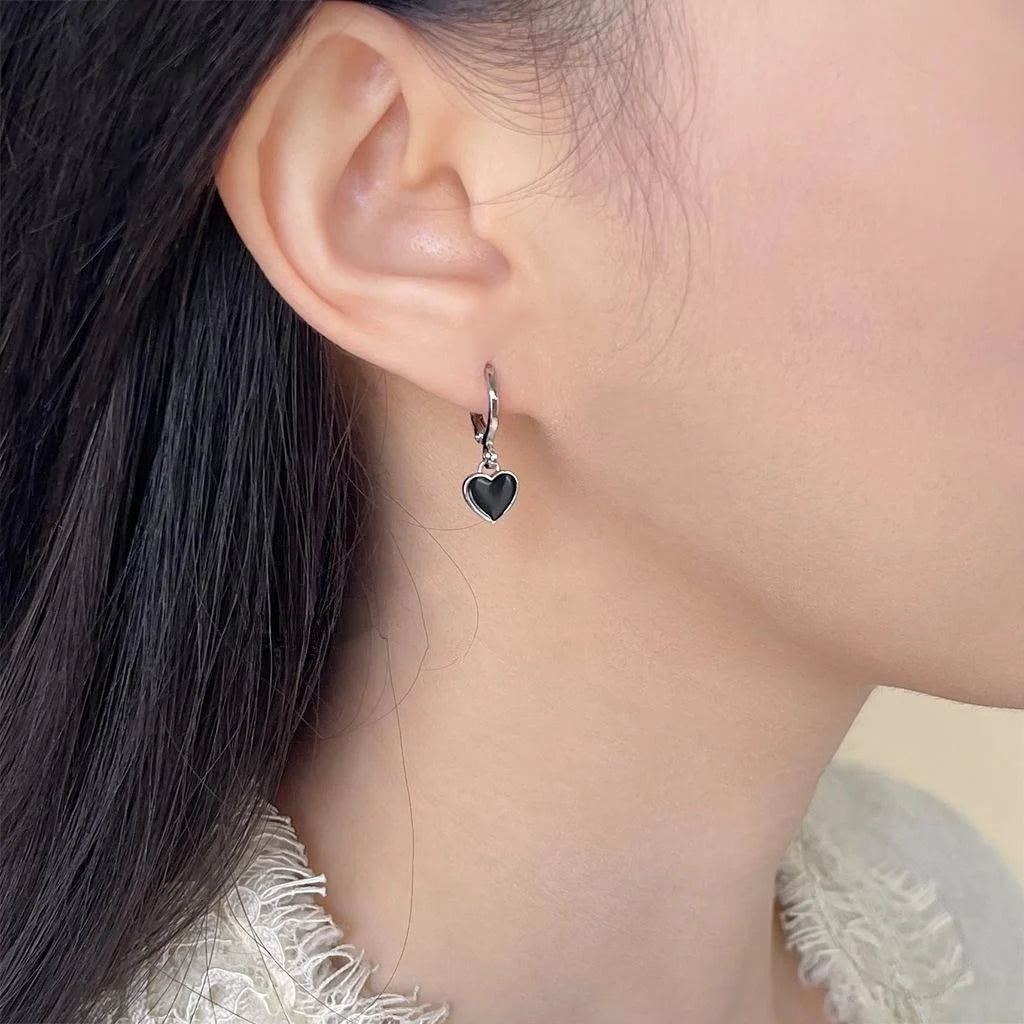 Sweet Cool Black Enamel Heart Copper Drop Earrings Minimalist Versatile Daily Jewelry